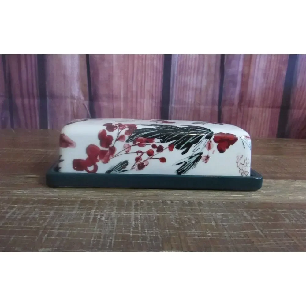 Anthropologie Christmas Holly & Pear Butter Dish Retired Holiday Stoneware